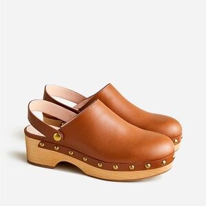 J. Crew Brown Leather Clogs with Gold Accents